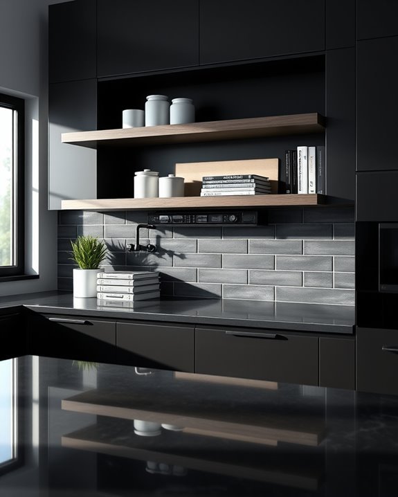 sleek floating shelves enhance functionality