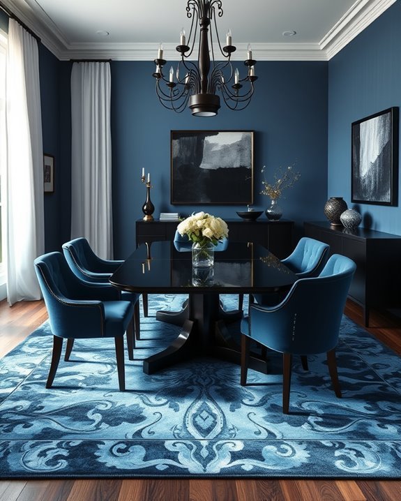 sophisticated blue and black dining