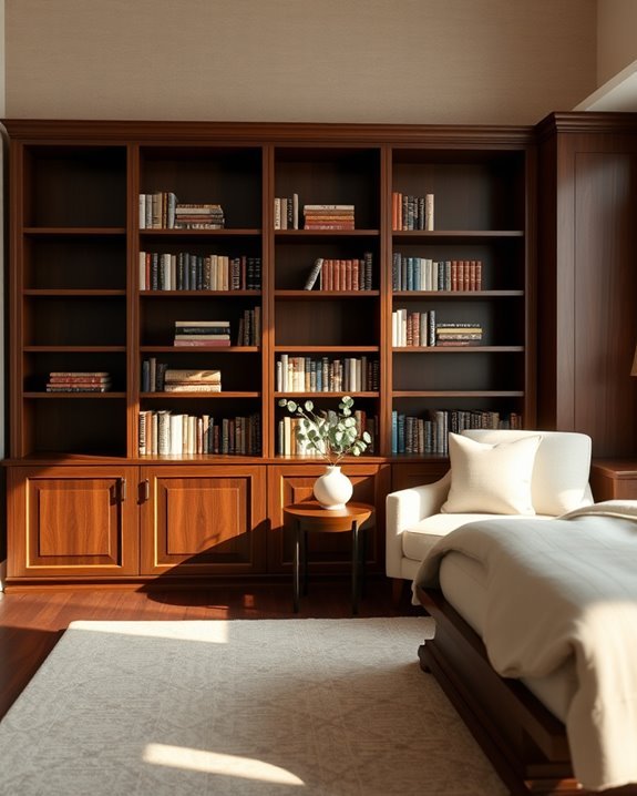 sophisticated dark wood bookshelves