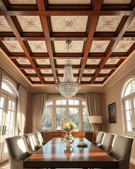 sophisticated wallpapered coffered ceiling