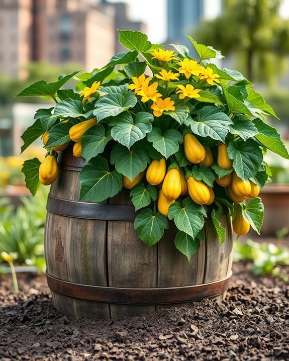 squash growing in barrels