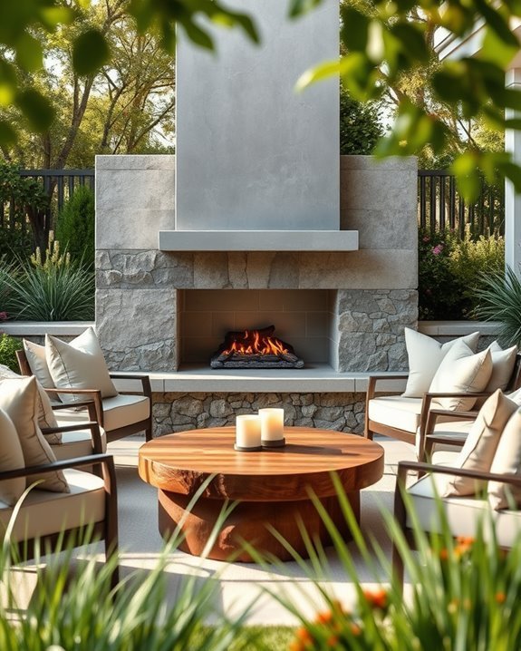 stone accented concrete fireplace