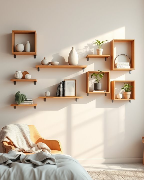 stylish floating shelf arrangement