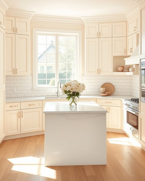 sunny kitchen with cream cabinets