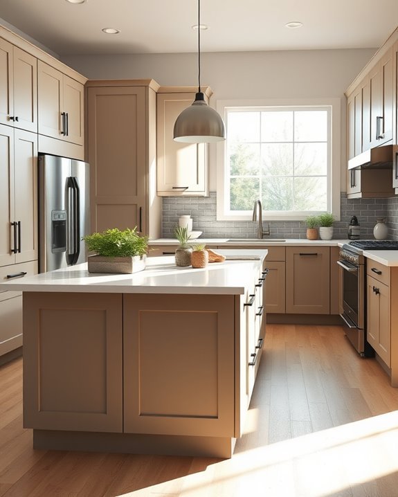 taupe cabinets dark hardware