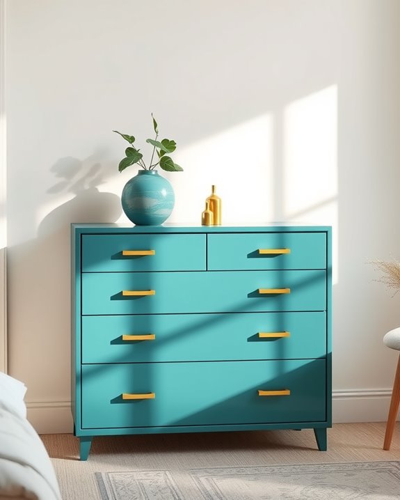 teal and gold dresser transformation