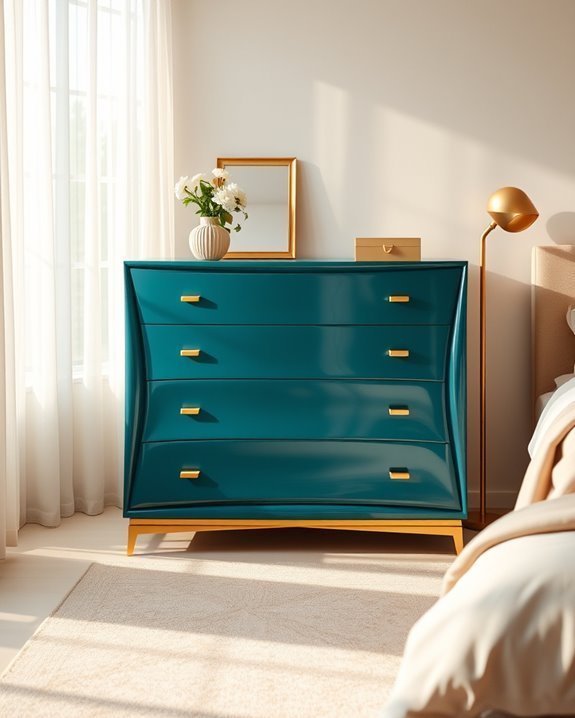 teal dresser with gold accents