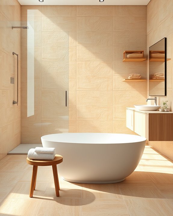 textured beige tiles enhance depth