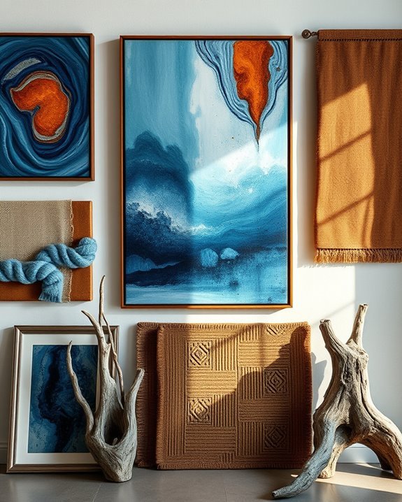 textured blue and brown wall hangings