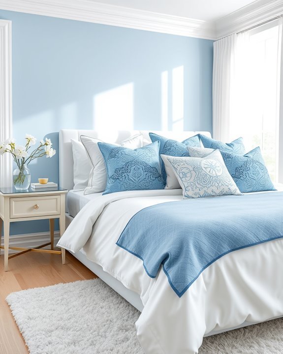 textured blue and white pillows