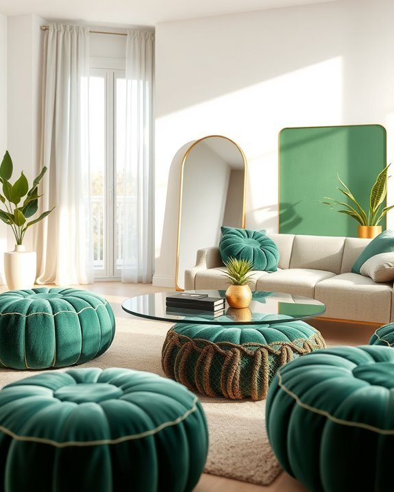 textured green poufs enhance decor