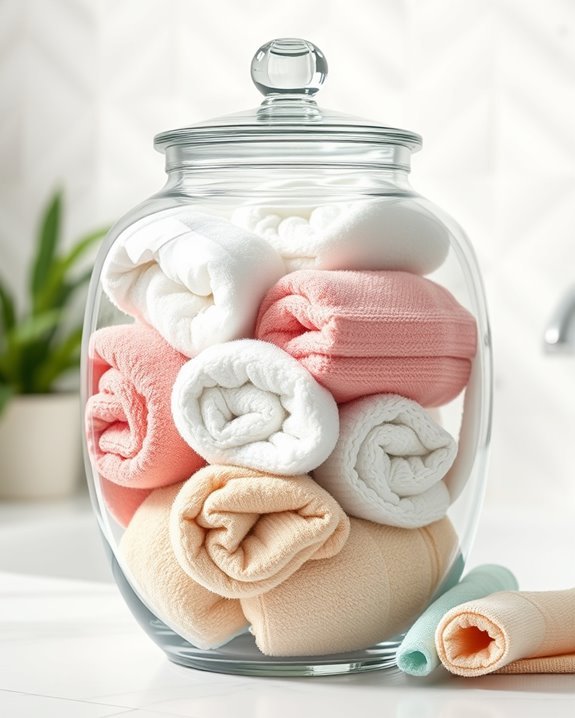 towels displayed in glass