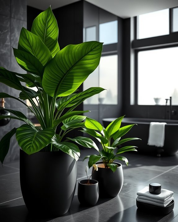 tropical plants in black planters