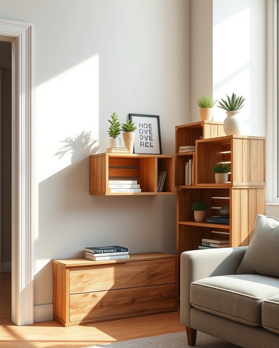 upcycled wooden crate shelving