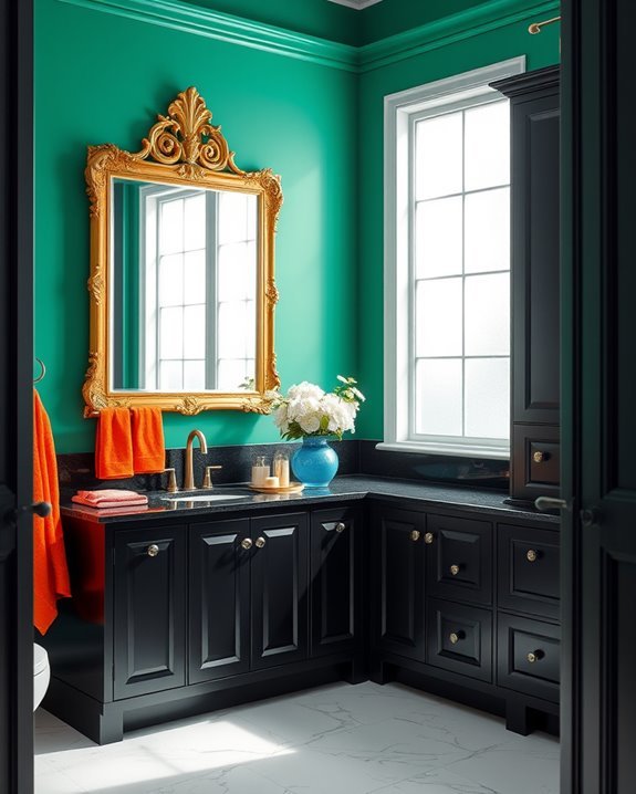 vibrant accents enhance black cabinets