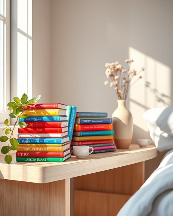 vibrant bedside bookshelf display