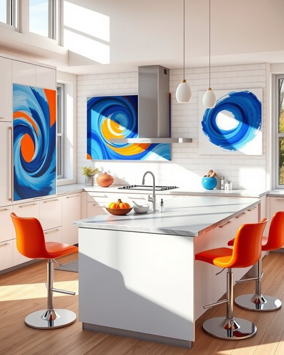 vibrant blue orange kitchen art