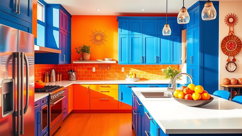 vibrant blue orange kitchens