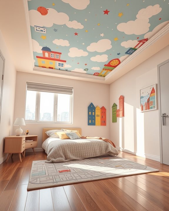 vibrant cartoon cityscape ceiling