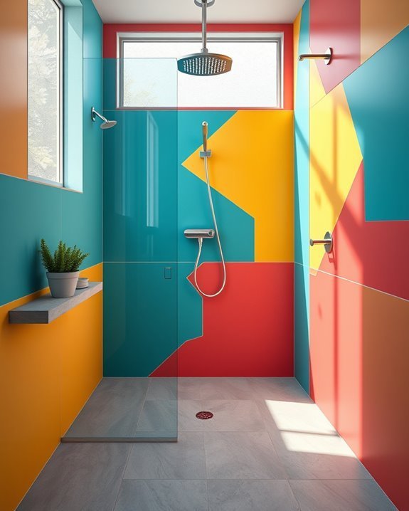 vibrant color blocked shower design