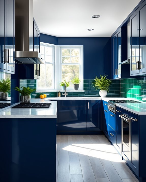 vibrant dark blue green kitchen