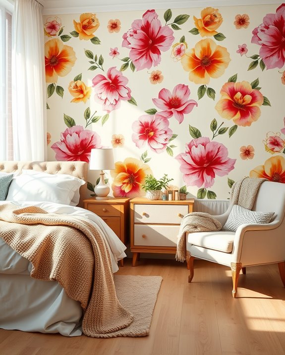 vibrant floral wallpaper installation