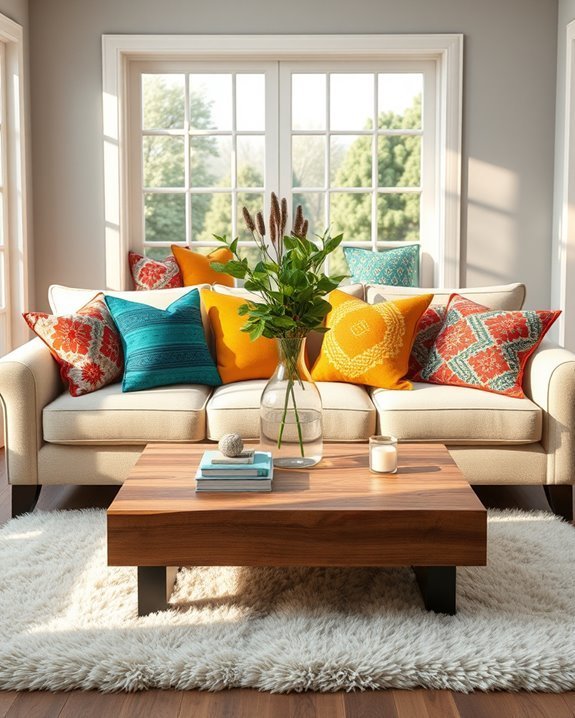 vibrant pillows enhance decor
