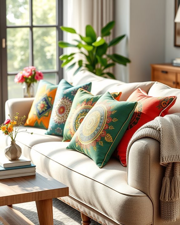 vibrant pillows enhance decor