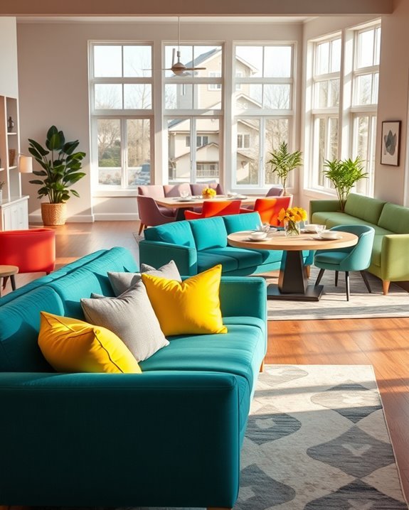 vibrant sofas enhance dining