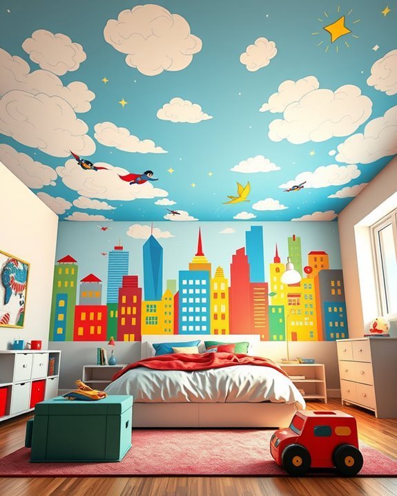vibrant superhero cityscape mural