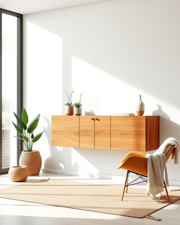 warm wood floating cabinet