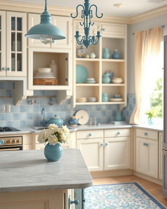 whimsical blue and cream accents