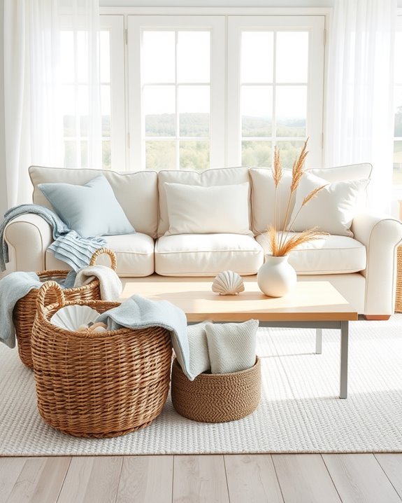 wicker baskets enhance coastal decor
