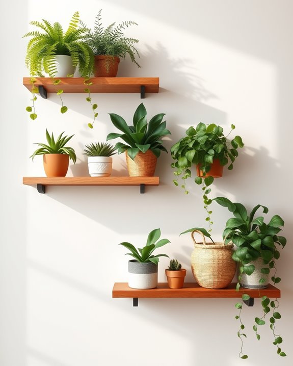 wooden shelves with plants